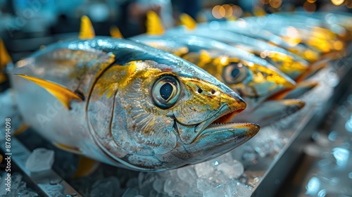 A vibrant assortment of freshly caught tuna fish displayed on ice in a market tray, showcasing their metallic reflections and pristine condition ready for culinary preparations. photo