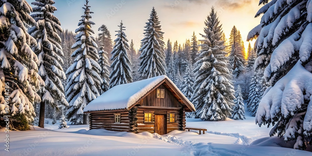 Rustic cabin surrounded by snow-covered trees in a forest setting, cabin, rustic, snowy, forest, winter, cozy, getaway Rustic cabin surrounded by snow-covered trees in a forest setting, cabin, rustic, snowy, forest, winter, cozy, getaway