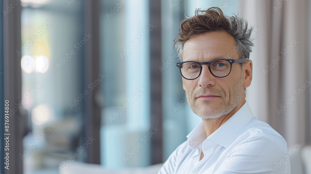 Confident CEO in Modern Office Setting with Text Space for Copy, Photorealistic Business Concept Confident CEO in Modern Office Setting with Text Space for Copy, Photorealistic Business Concept