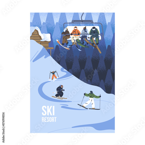 People snowboarding, skiing on mountain. Group of skiers lifts on cable cars, funicular to alpine rock. Holidays in winter resort. Snow vacation outdoors. Sport tourism. Flat vector illustration