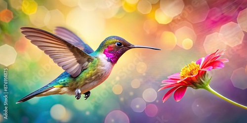 Close-up of a colorful hummingbird with a flower painted on a light abstract background , Bright, vibrant, nature, wildlife © Sujid