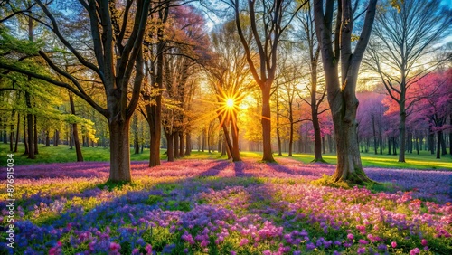 Colorful spring forest at sunset with vibrant trees and flowers , forest, spring, sunset, colorful, vibrant, trees, flowers