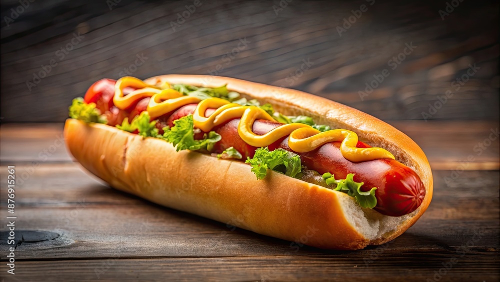 Delicious hot dog topped with ketchup and mustard, background, food, fast food, snack, condiments, tasty, yummy, lunch, meal Delicious hot dog topped with ketchup and mustard, background, food, fast food, snack, condiments, tasty, yummy, lunch, meal