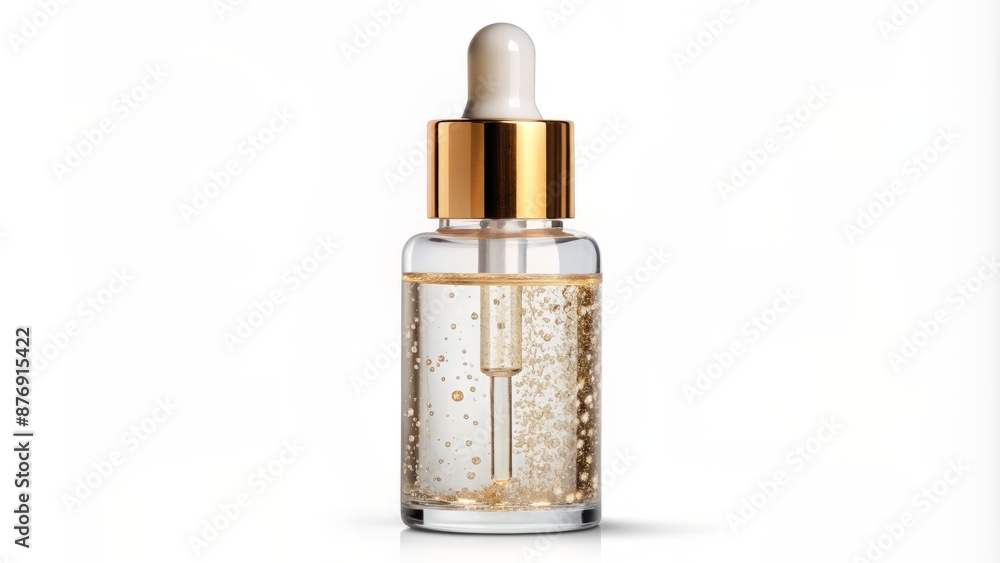 Dropper Bottle With Gold Liquid And Bubbles. Isolated On White Background. Dropper Bottle With Gold Liquid And Bubbles. Isolated On White Background.