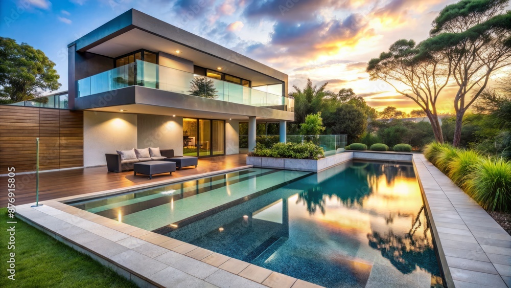 Fototapeta premium Modern Luxury House With Pool And Sunset