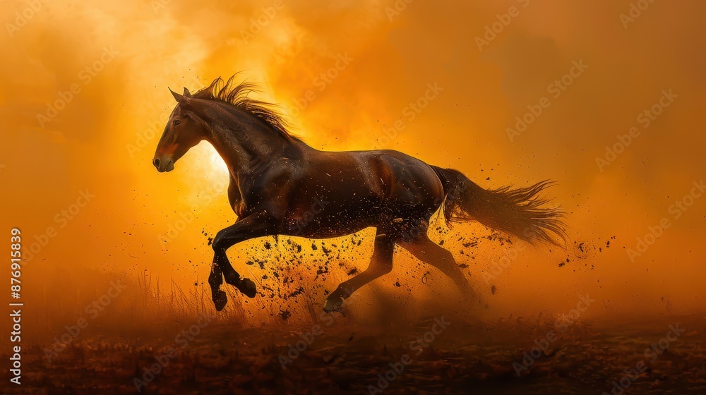 A majestic horse runs freely in the wild, its muscular form kicking up dirt against a golden sunset backdrop, embodying freedom and raw beauty of nature in motion. A majestic horse runs freely in the wild, its muscular form kicking up dirt against a golden sunset backdrop, embodying freedom and raw beauty of nature in motion.