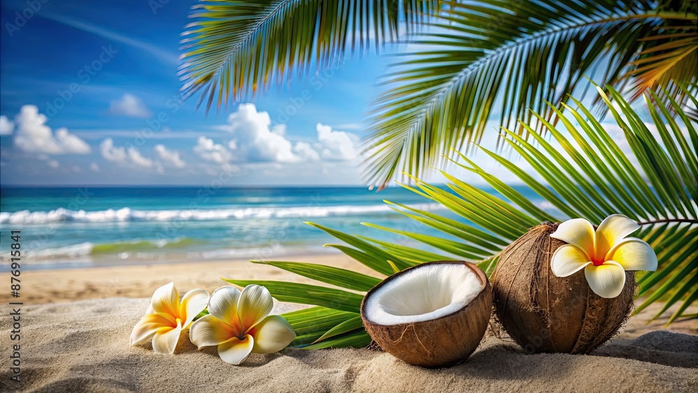 Obraz premium Coconuts with frangipani on a sandy beach near the sea and palm trees, symbolizing island holidays and travel, tropical
