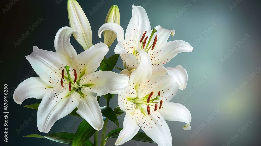 Fototapeta premium This vibrant and elegant image showcases a close-up view of beautiful, fresh white lilies with green leaves, reflecting nature's purity and simplicity in full bloom.
