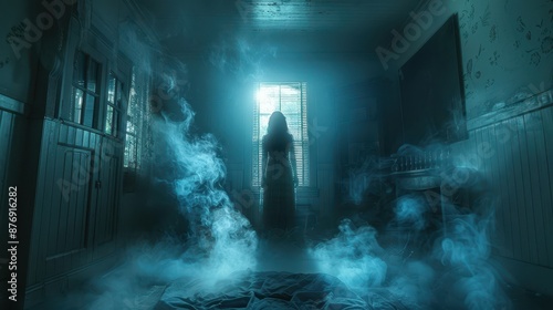 This eerie image captures a ghostly figure standing in a dimly lit room, surrounded by mist and an ethereal glow, evoking a sense of mystery and suspense.