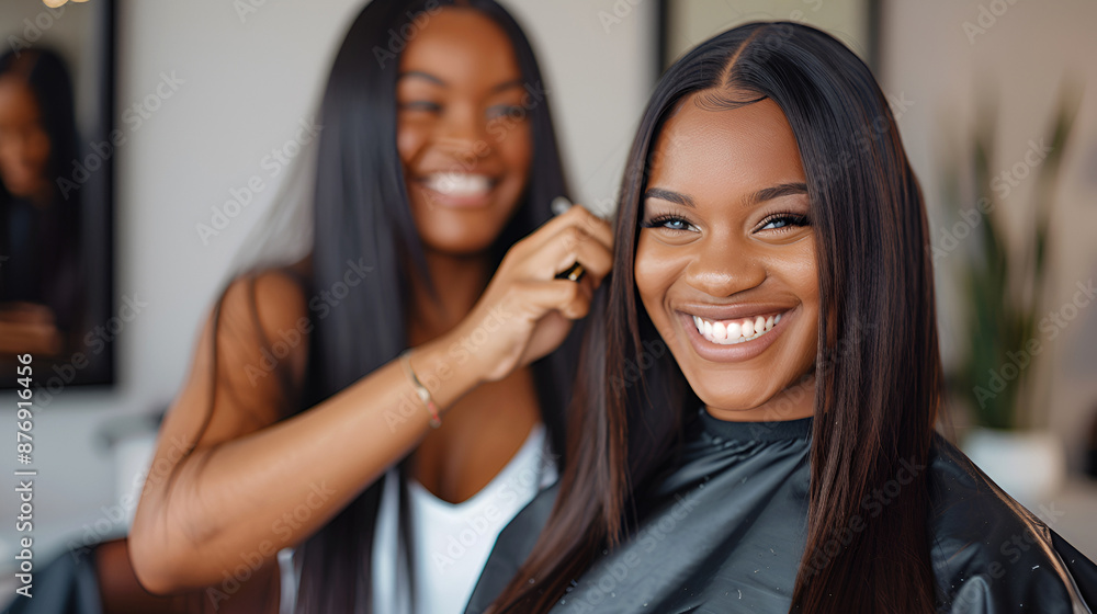 Expert stylist styling beautiful long African client’s hair in high-end salon. Expert stylist styling beautiful long African client’s hair in high-end salon.