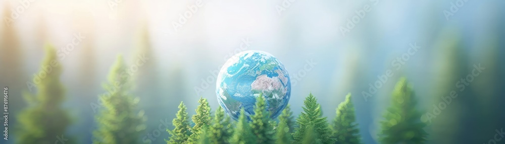 Globe Surrounded by Lush Green Trees Representing Environmental Conservation and Global Ecology Globe Surrounded by Lush Green Trees Representing Environmental Conservation and Global Ecology