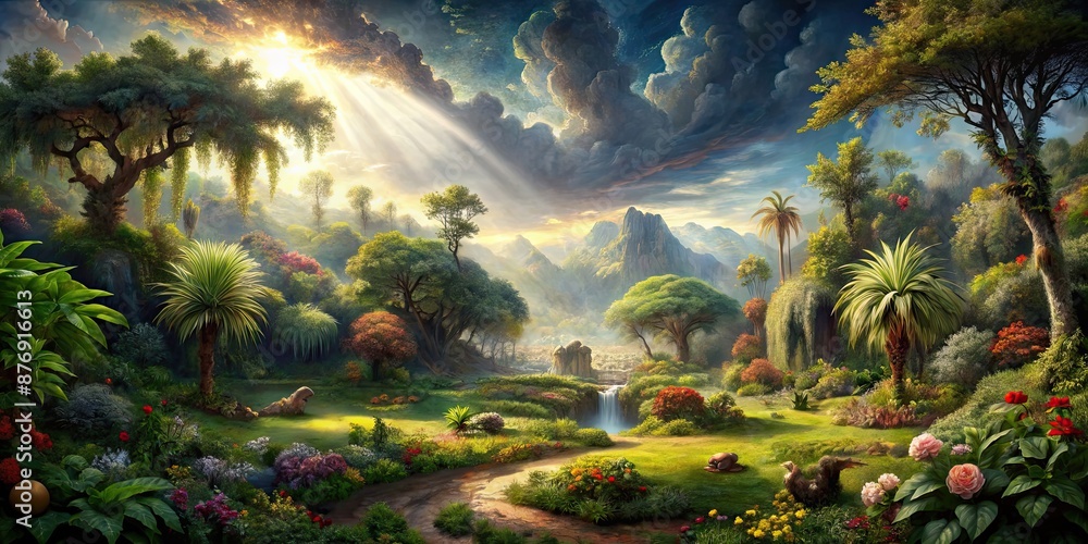 Obraz premium The Garden of Eden after the fall, depicting a contrast between light and dark , Eden, Adam and Eve, garden, tree, apple, serpent