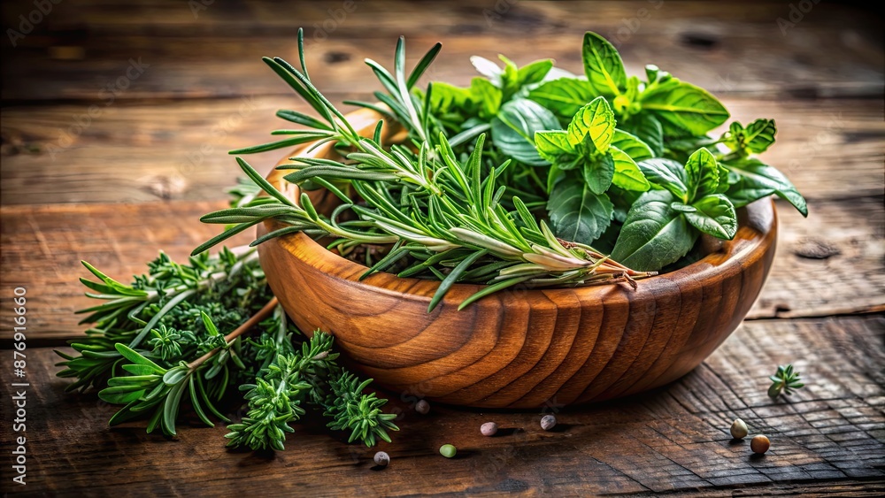Fresh herbs such as rosemary, basil, and thyme displayed in a rustic wooden bowl, fresh, herbs, bowl, rosemary, basil Fresh herbs such as rosemary, basil, and thyme displayed in a rustic wooden bowl, fresh, herbs, bowl, rosemary, basil