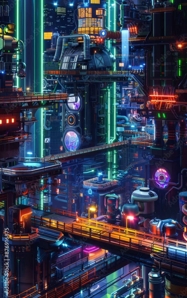 Fototapeta premium A futuristic cityscape with neon lights and intricate structures. The city is illuminated by a variety of colorful lights, creating a vibrant and dynamic atmosphere.