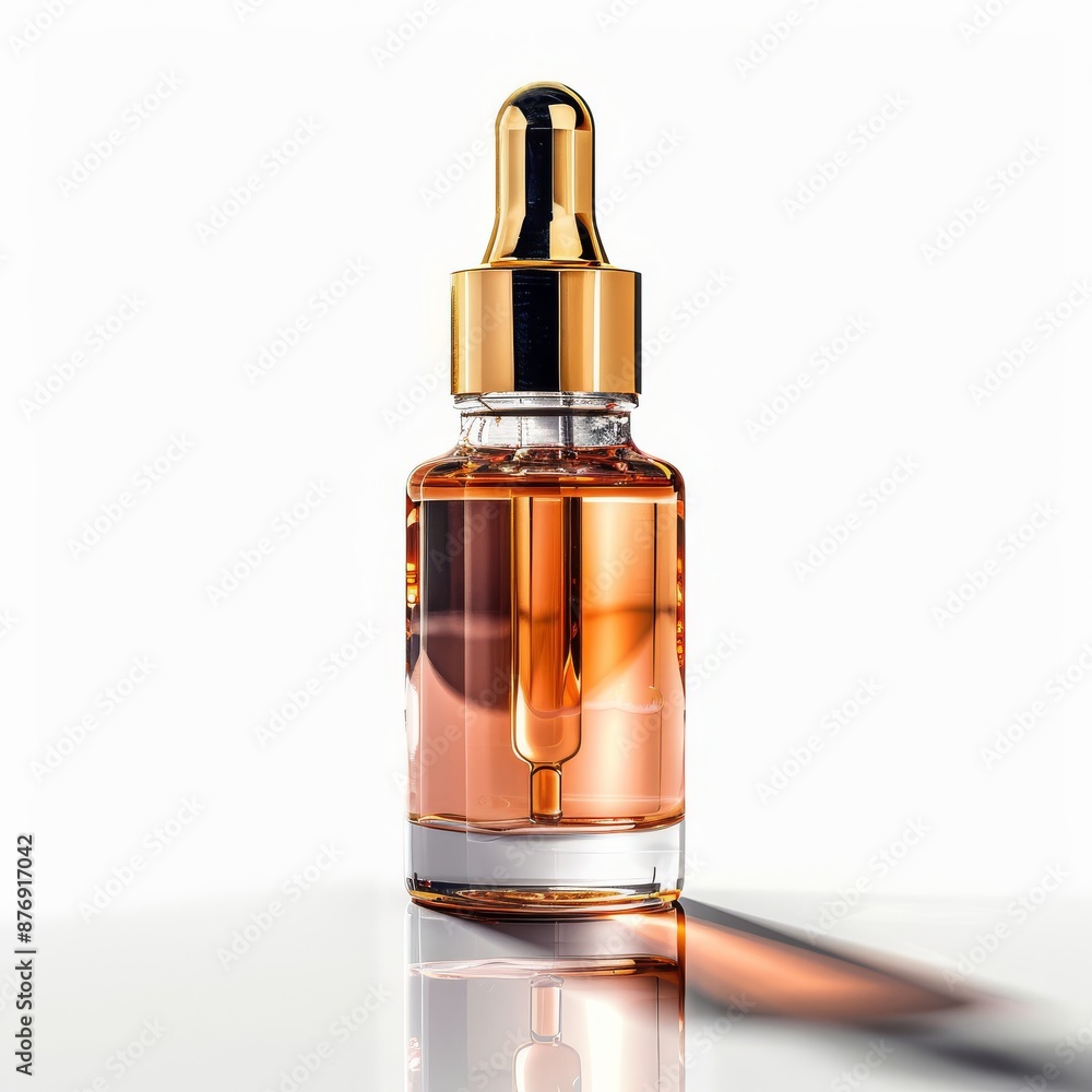 A glass bottle with a gold dropper top filled with a clear amber liquid. The bottle is on a white reflective surface.
