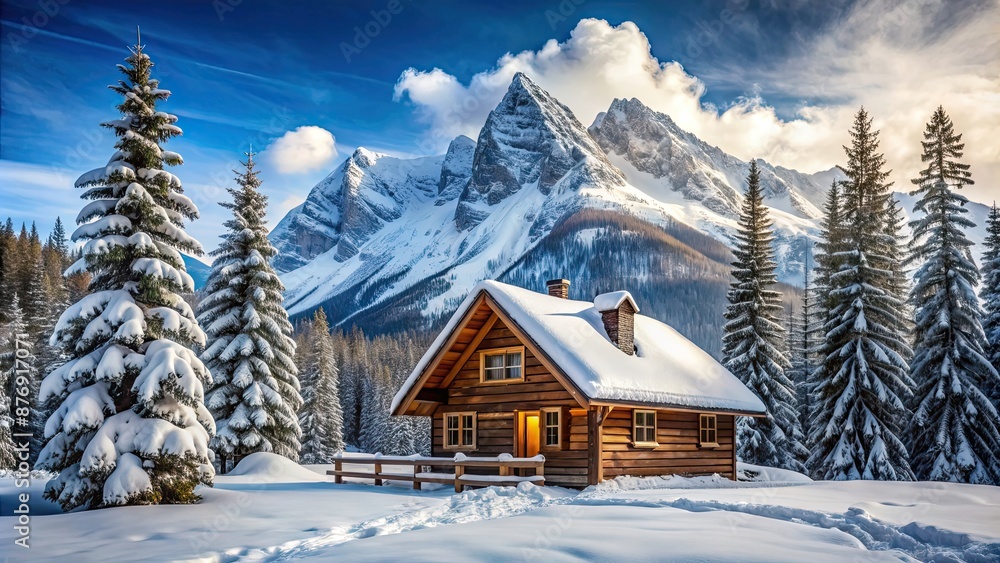 Cozy mountain cabin surrounded by snow-capped peaks and pine trees, mountain, cabin, house, winter, snow, cozy, warm, fireplace Cozy mountain cabin surrounded by snow-capped peaks and pine trees, mountain, cabin, house, winter, snow, cozy, warm, fireplace