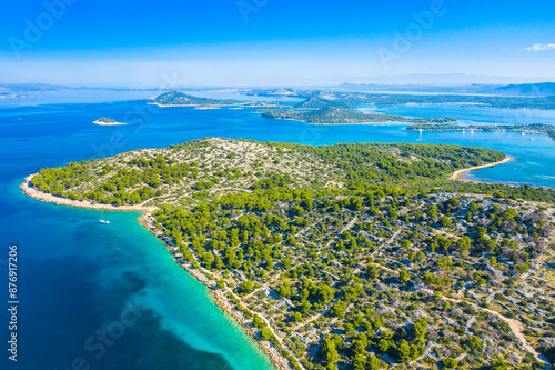 Turquoise sea, islands and yachts in Murter archipelago in Dalmatia, Croatia