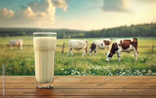 A glass of fresh milk on a wooden table with cows grazing in a green pasture in the background.