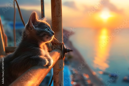 Watchful Russian Blue Cat Perched on Scaffold Overlooking Sunset Over Sandy Bay photo