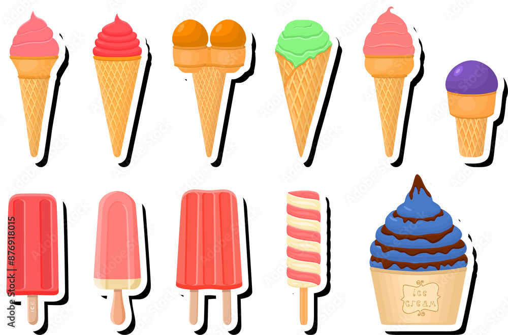 Illustration on theme big kit ice cream popsicle different types in cone waffle cup Illustration on theme big kit ice cream popsicle different types in cone waffle cup