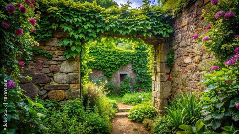 Fototapeta premium Lush, overgrown secret garden behind a stone wall, hidden, magical, mysterious, enchanting, secluded, nature, greenery