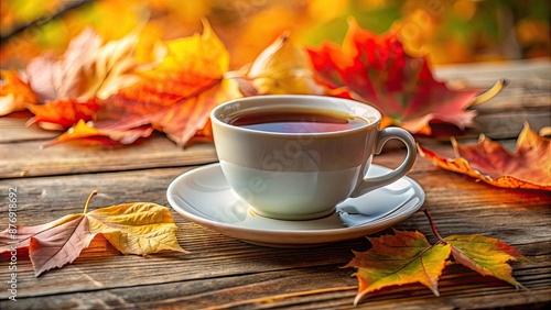 Closeup view of a cup of tea with a vibrant autumn leaf , tea, cup, closeup, autumn, leaf, vibrant, hot beverage, drink