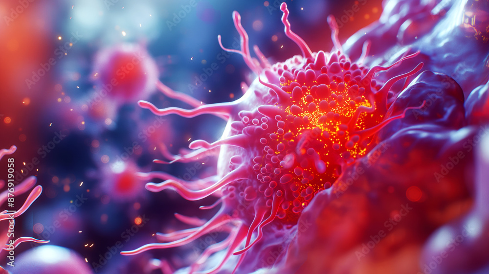 Highly detailed close-up of a cancer cell, with vibrant colors and intricate textures highlighting cellular structures and surrounding environment. Highly detailed close-up of a cancer cell, with vibrant colors and intricate textures highlighting cellular structures and surrounding environment.