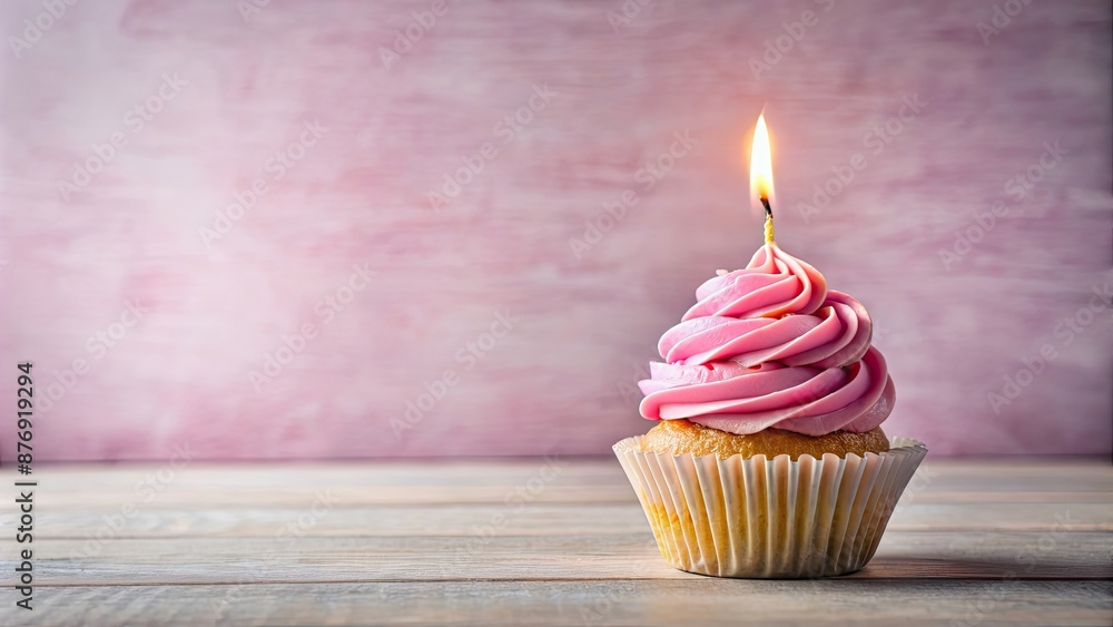 Pink frosted cupcake with a lit candle, cupcake, pink frosting, candle, dessert, celebration, sweet, bakery, birthday Pink frosted cupcake with a lit candle, cupcake, pink frosting, candle, dessert, celebration, sweet, bakery, birthday