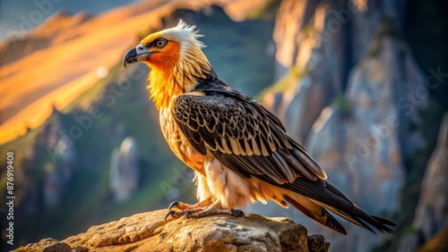 Majestic bearded vulture perches on a rocky outcrop, its tawny plumage glistening in the warm sunlight of the high-altitude landscape. © Wanlop
