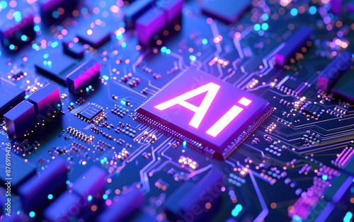 Obraz na płótnie Advanced AI Microchip on a Futuristic Circuit Board with Purple and Blue Glowing Light w salonie