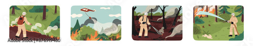 Firefighters characters extinguishing forest fire cartoon set