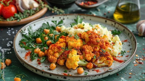 Roasted Cauliflower with Mashed Potatoes and Chickpeas