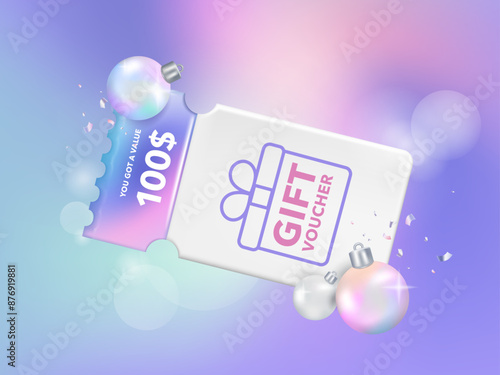 Christmas Sale Voucher coupon for business promotion sales and Discount online purchases. Tag label, sale banner 3d rendering with gradient pastel fancy ball.