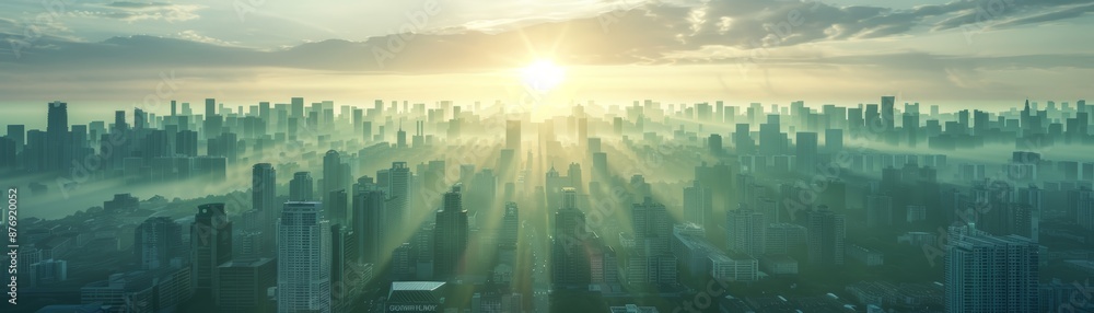 Sunrise rays pierce through a misty cityscape, illuminating skyscrapers and creating a serene and ethereal atmosphere.
Sunrise rays pierce through a misty cityscape, illuminating skyscrapers and creating a serene and ethereal atmosphere.