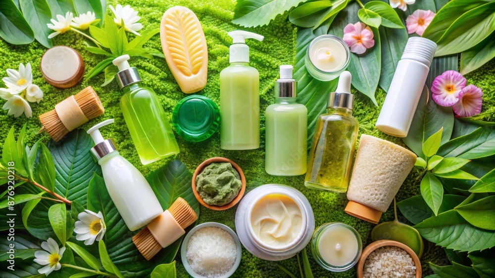 Natural spa-inspired arrangement featuring assorted skin care products on a bed of lush green leaves, evoking feelings of serenity and rejuvenation. Natural spa-inspired arrangement featuring assorted skin care products on a bed of lush green leaves, evoking feelings of serenity and rejuvenation.