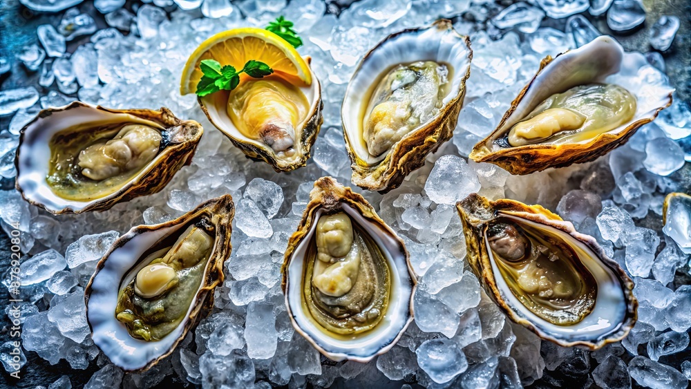 Close-up photo of fresh oysters on ice, showcasing their natural textures and colors, food, seafood, ocean, delicacy