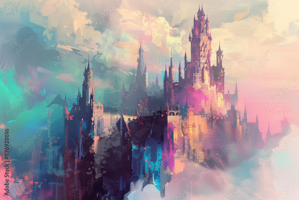 Obraz premium surreal pastel abstract castle illustration , creating an otherworldly atmosphere