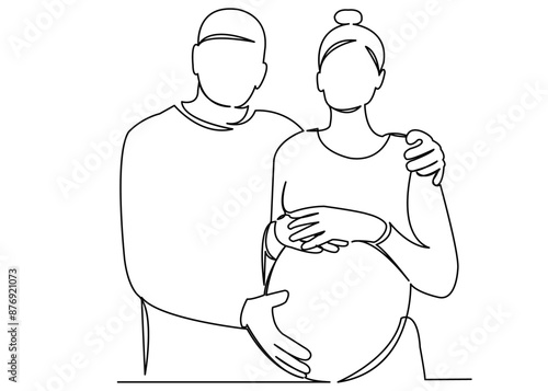 continuous single drawn one line pregnant couple in love expecting a child hand-drawn picture silhouette. Line art. doodle.