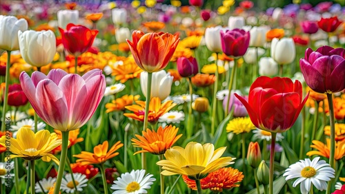 Wallpaper Mural Vibrant flower field with tulips, marigolds, and daisies in full bloom amidst green grass, nature, vivid, colorful, meadow Torontodigital.ca