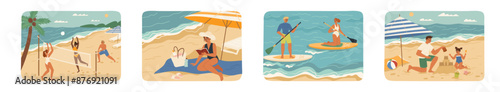 People resting at summer beach enjoying active holidays scene
