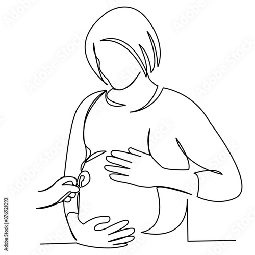 continuous single drawn one line doctor obstetrician gynecologist listens belly to pregnant woman hand-drawn picture silhouette. Line art. doodle