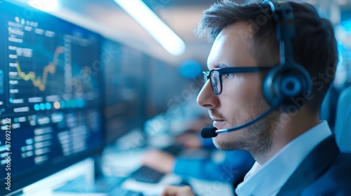 A focused stock trader wearing a headset and glasses, analyzing market data on multiple monitors in a busy office. 