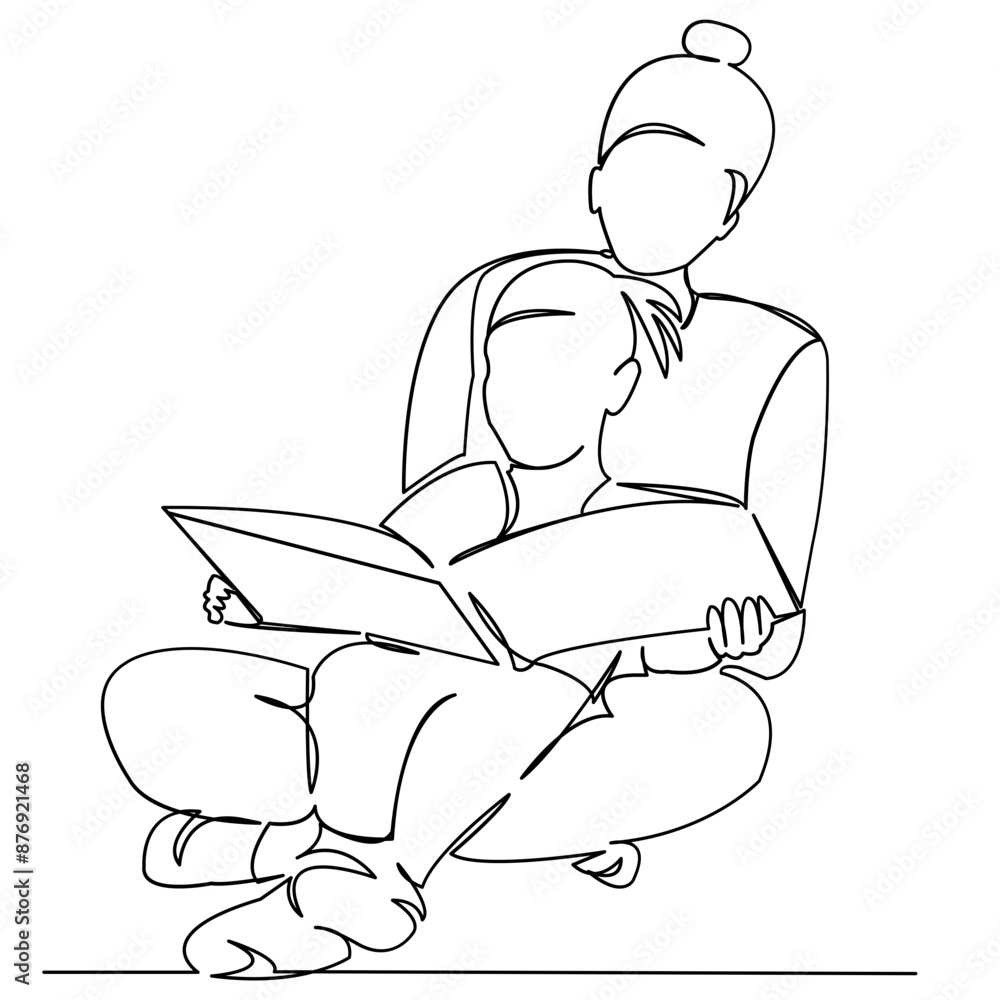 continuous single drawn one line mom reads the daughter's book drawn by hand picture silhouette. Line art. doodle continuous single drawn one line mom reads the daughter's book drawn by hand picture silhouette. Line art. doodle