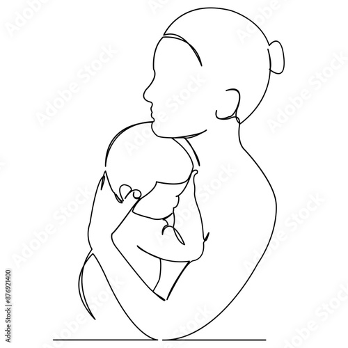 continuous single drawn hand-drawn picture silhouette by one line mother with baby in her arms. Line art. doodle.
