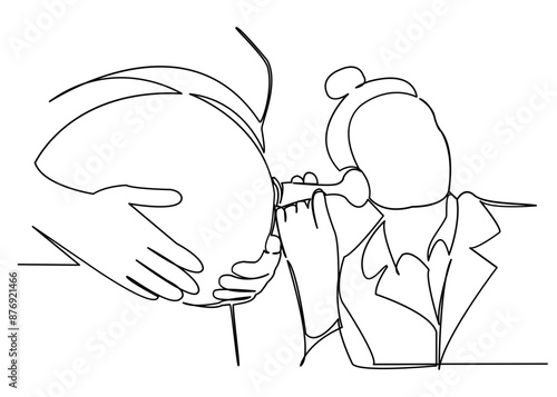 continuous single drawn one line doctor obstetrician gynecologist listens belly to pregnant woman hand-drawn picture silhouette. Line art. doodle