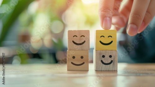 Hand chooses with happy smile face emoticon icons on Wooden Cube , good feedback rating for customer review survey