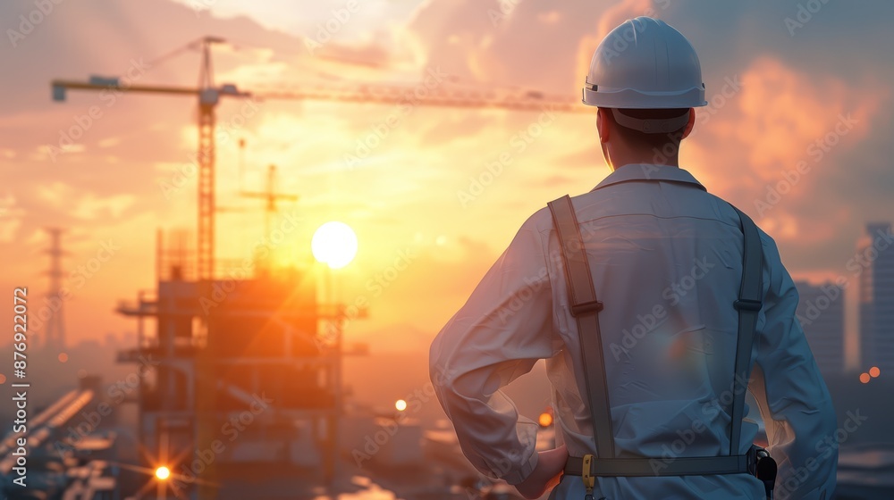 Worker at sunset on construction site with white helmet Worker at sunset on construction site with white helmet