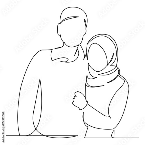 Canvas Print continuous single drawn one line love couple muslim hand-drawn picture silhouette