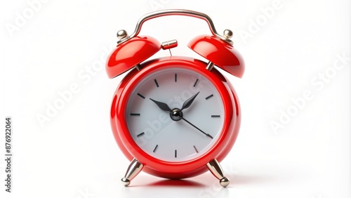 A small, sleek, bright red analog alarm clock stands upright, its round face and thin hands stark against a pure white background.