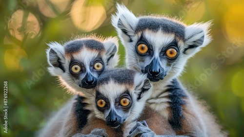  Lemurs closeup portrait, a large gray primate with golden eyes. Flock of animals,The beautiful shot of the cute ring-tailed lemurs staring intensely,Lemur baby with mother 